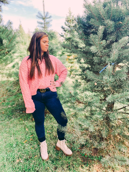 Coral washed cable knit sweater cropped length 