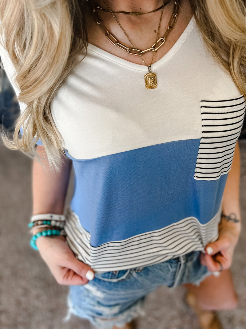 Indigo Color block with stripes relaxed short sleeve tee