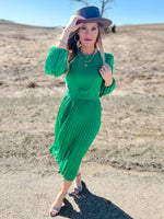 Kelly Green Long Sleeve Midi dress with pleated skirt and side cutouts