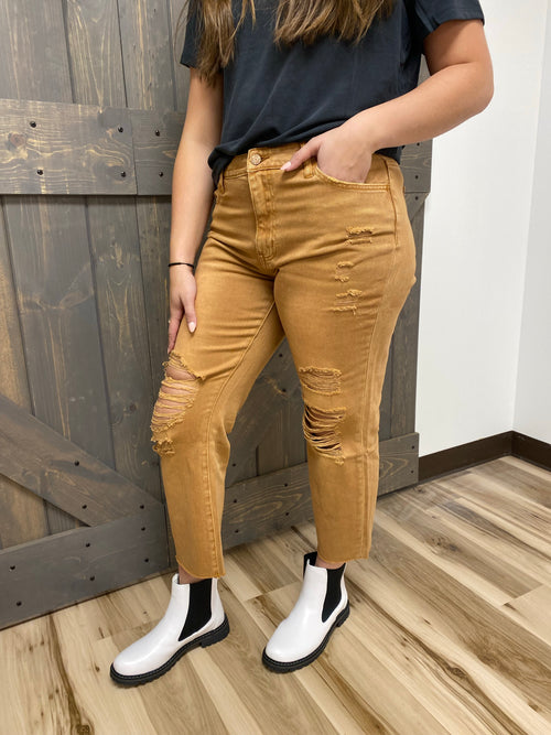 vervet straight leg crop distressed camel jeans