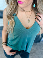 T. Green V-neck ribbed tank 