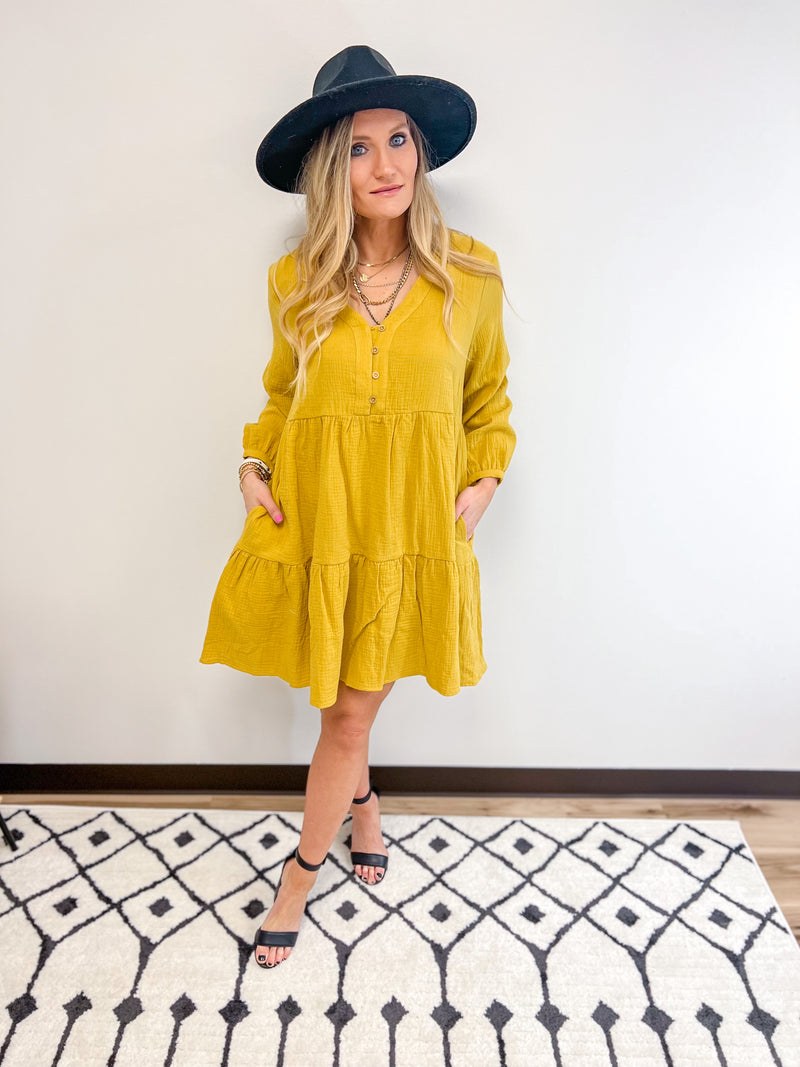 Mustard Button Down Linen Dress with flowy bottom 
