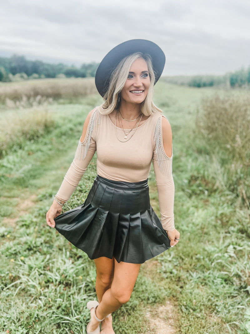 Black Faux  Leather Pleated  Skirt 