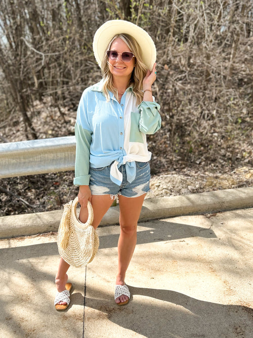 colorblock button up long sleeve top with blue, white, and sage