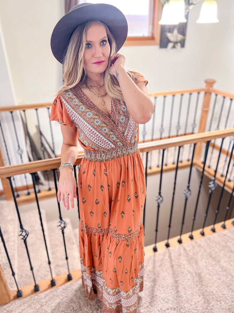 Rust Boho Printed Short Sleeve Maxi Dress with Elastic Waistband