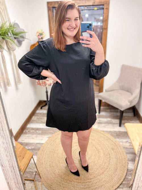 long sleeve black shift mini dress