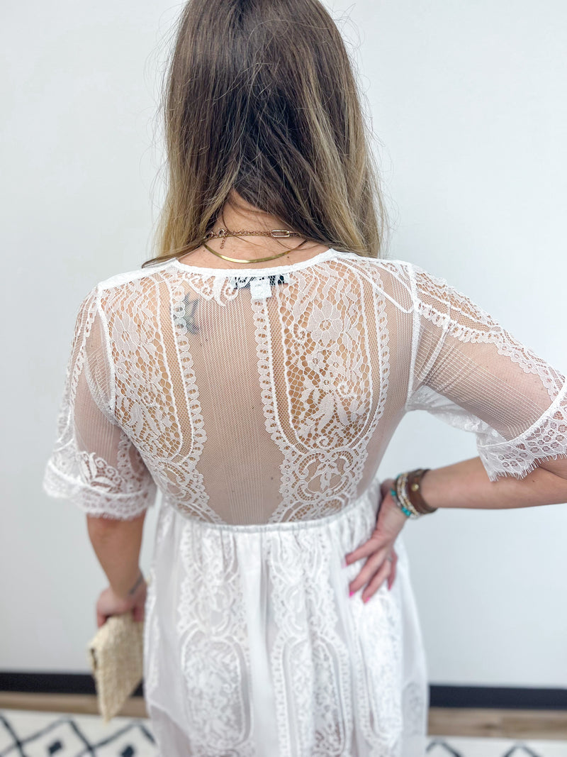 White Lace Maxi Dress with Sheer upper back 