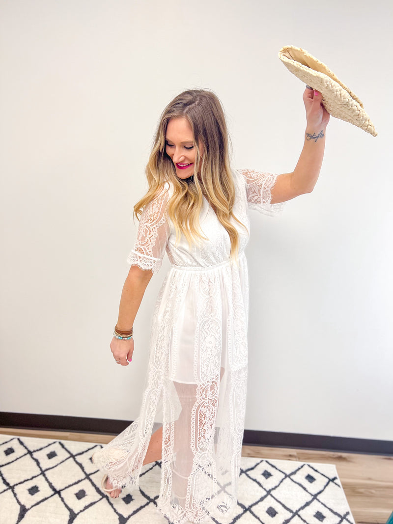 Whte Short Sleeve Lace Maxi Dress with Side slits
