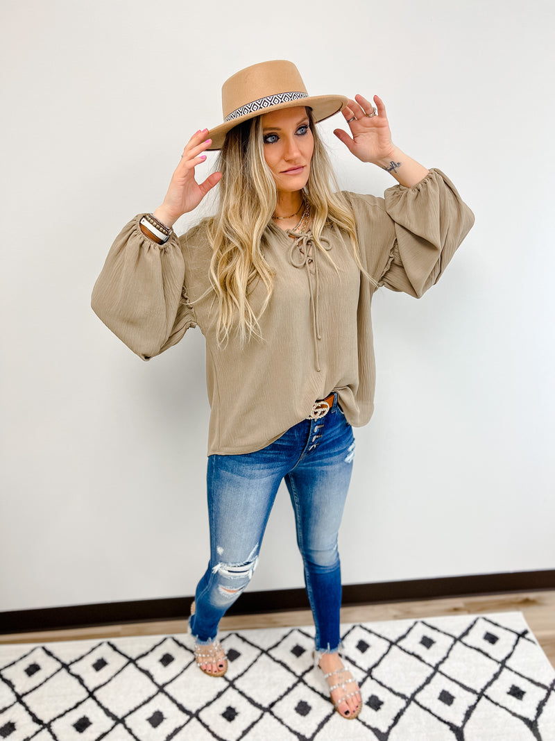Taupe Phesant Blouse with Bishop Sleeves