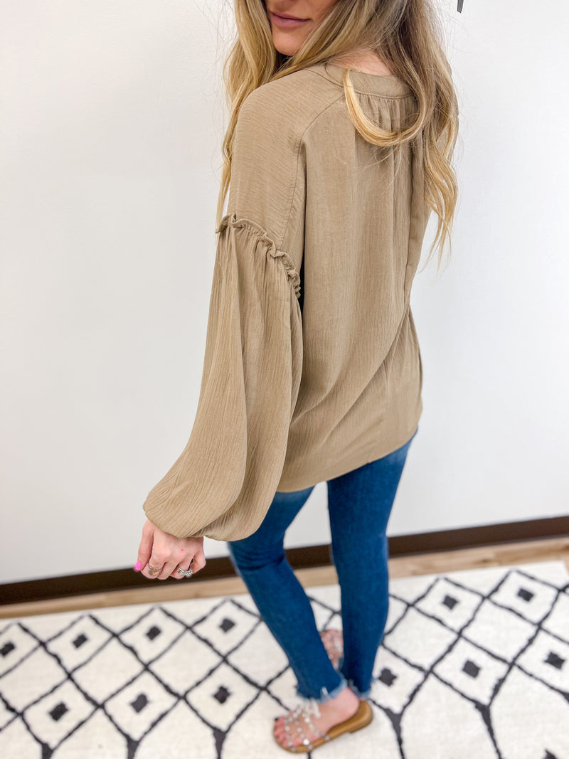 Taupe Phesant Blouse with Bishop sleeves