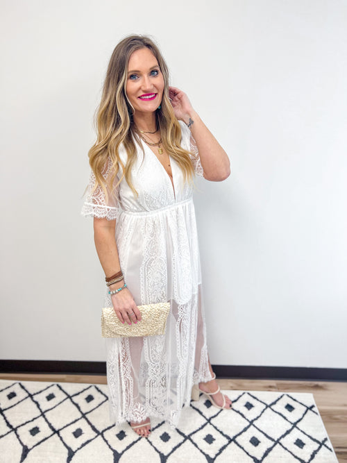 White Lace Deep V-Neck Maxi Dress with Side Slits