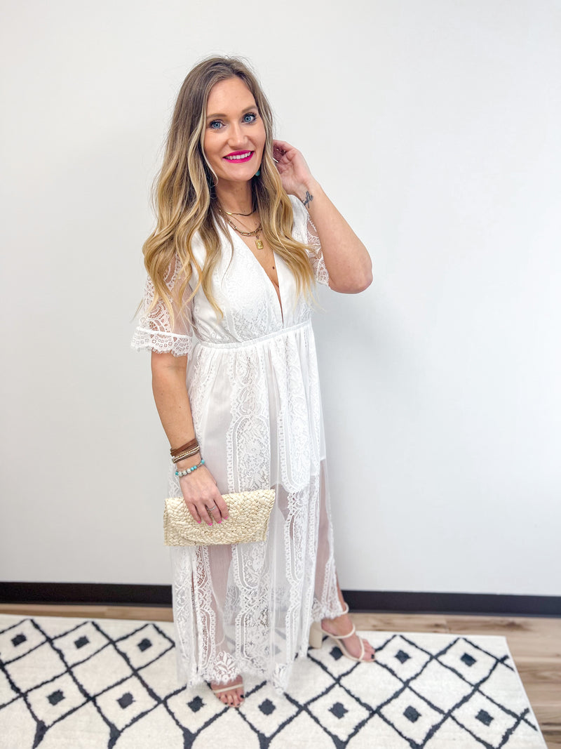 White Lace Deep V-Neck Maxi Dress with Side Slits