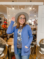 blue open front cardigan with pockets
