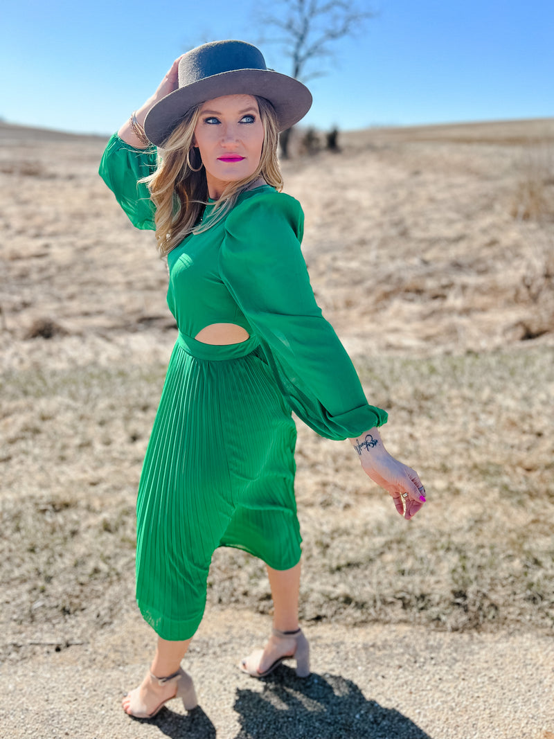 Kelly Green Long Sleeve Midi dress with pleated skirt and side cutouts