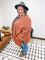 Rust colored Rose Open Knit Cardigan for curvy women with knitted detail on front side