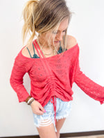 Coral light weight knit sweater with front ruching detail 