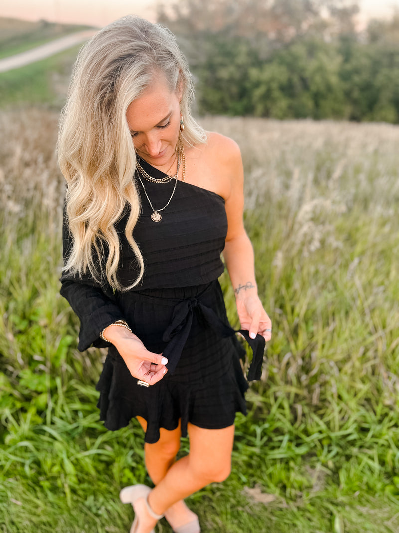 One Shoulder Long Sleeve Black Dress with Belt tie and Skirt Ruffle