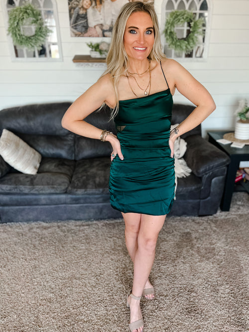 green ruched mini spagehtti strap dress