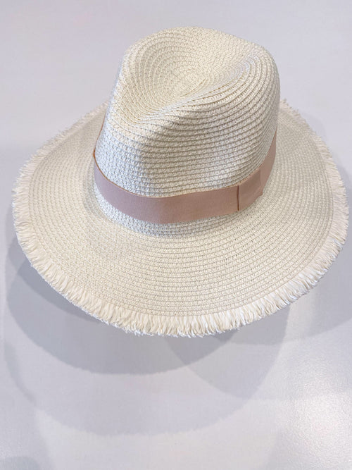 cream fray edge fedora hat with cream belt