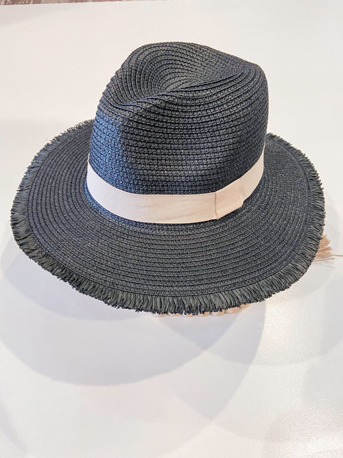 black fray edge fedora hat with cream belt