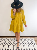 Mustard Linen button Down Dress with flowy bottom 