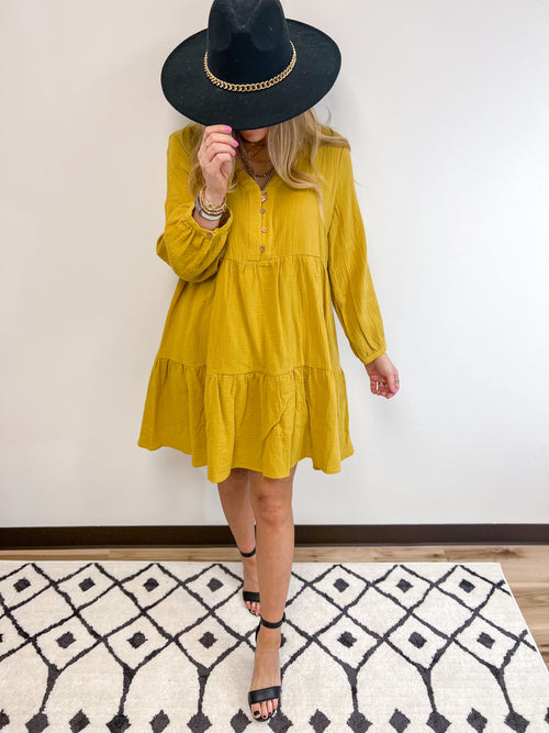 Mustard Linen button Down Dress with flowy bottom 