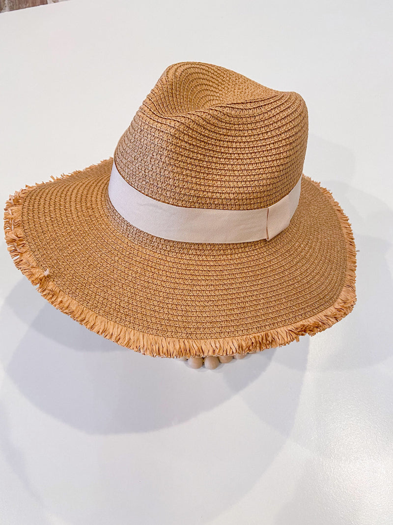 brown fray edge fedora hat with cream belt