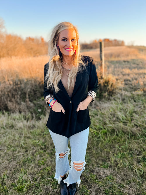 Black Blazer with leopard print cuffs