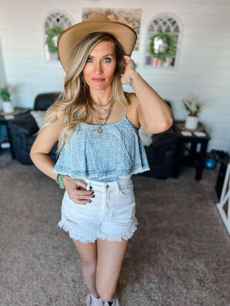 denim flounce ruffle bodysuit with adjustable straps 