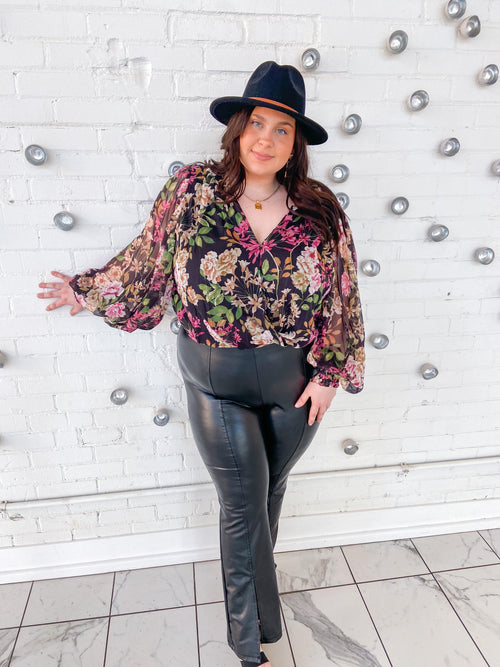 floral surplice blouse in black