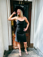 Black Form Fitted Satin Midi Dress with Elastic Straps and open back.