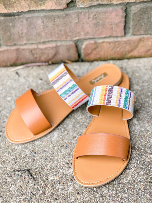 brown colorful strap slip on sandals