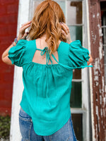 Scalloped square neck blouse with self tie detail in back 