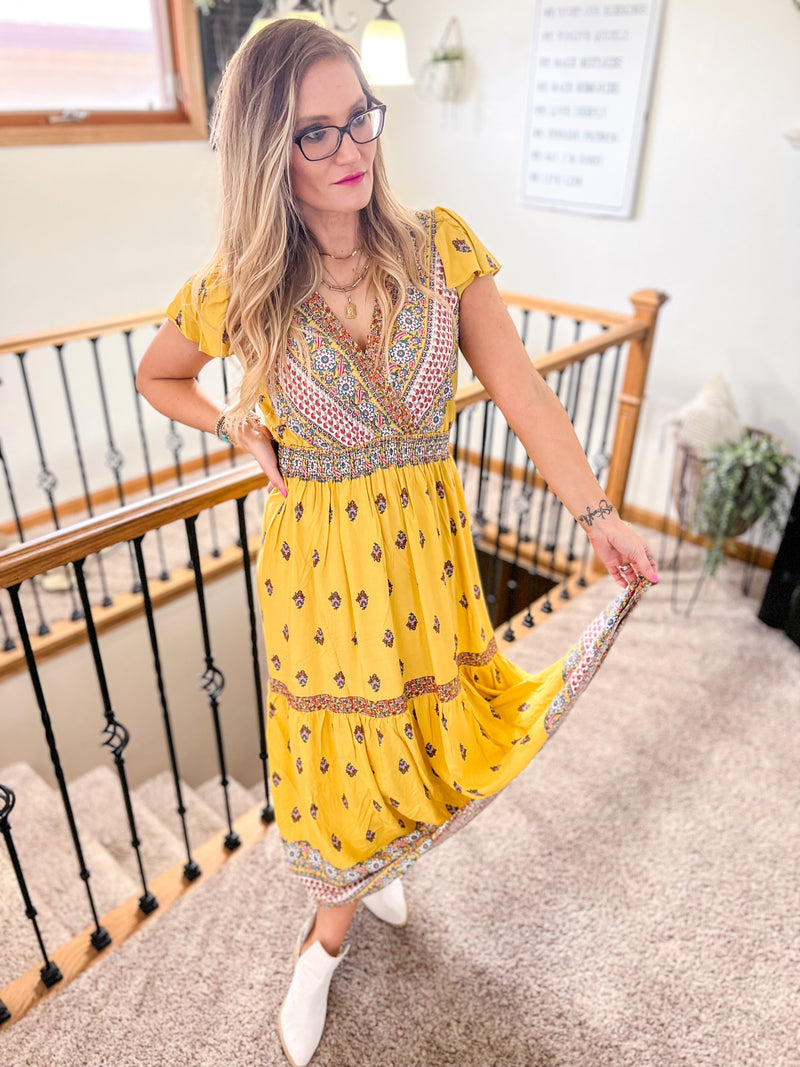 Yellow Boho Printed Short Sleeve Maxi Dress with Elastic Waistband