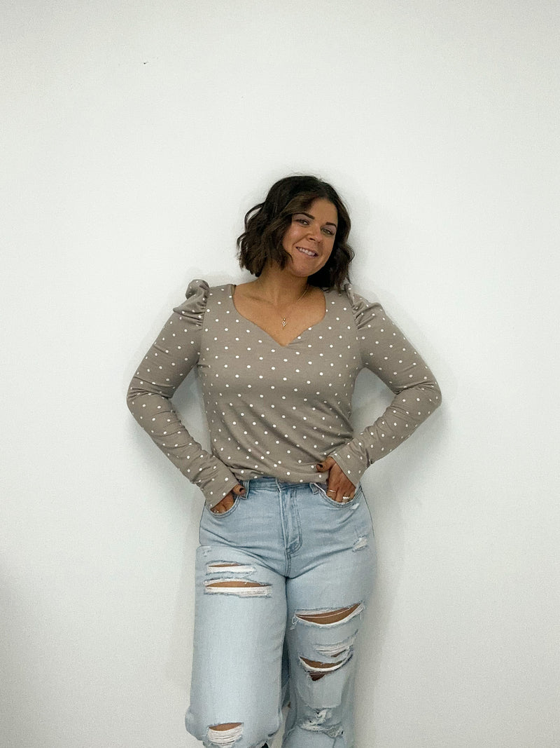 Mocha Polka Dot Puff Shoulder Long Sleeve