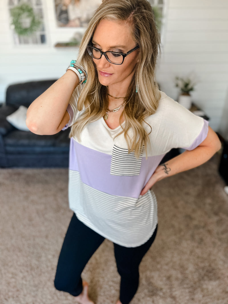 Lilac Color block with stripes relaxed short sleeve tee