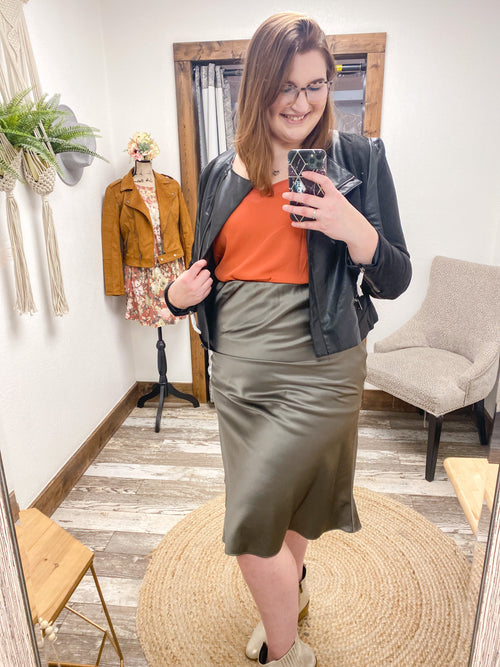 Olive Satin Midi Skirt 