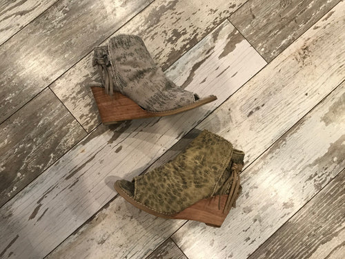 snake print fabric wedge bootie with peep toe in gray and green