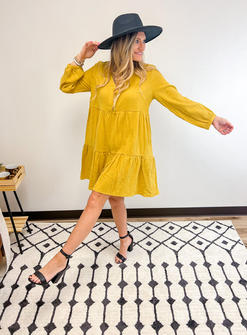 Mustard button down shirt/dress with flowy bottom 