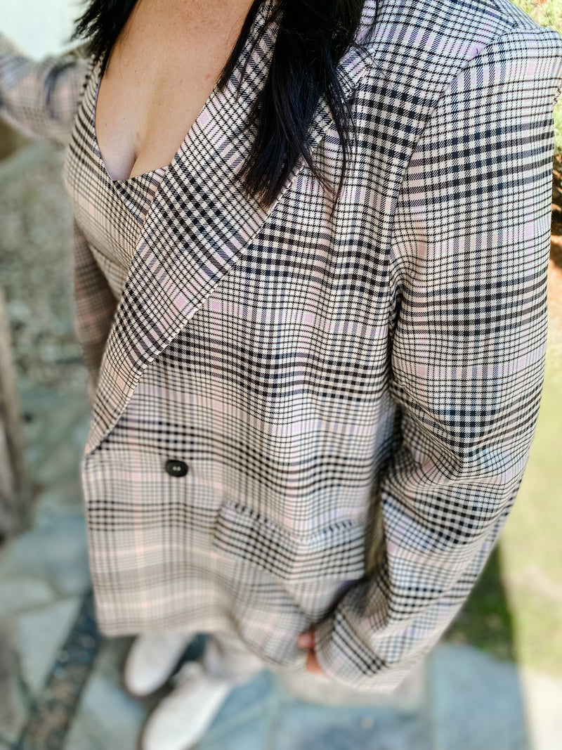 Plaid 3 piece pant suit with blazer and crop tank