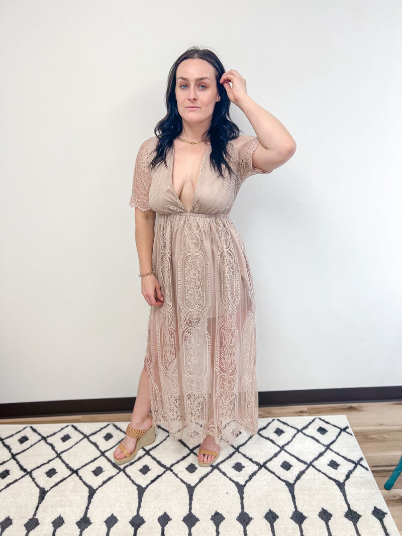 Deep V-Neck Mauve Lace maxi dress 