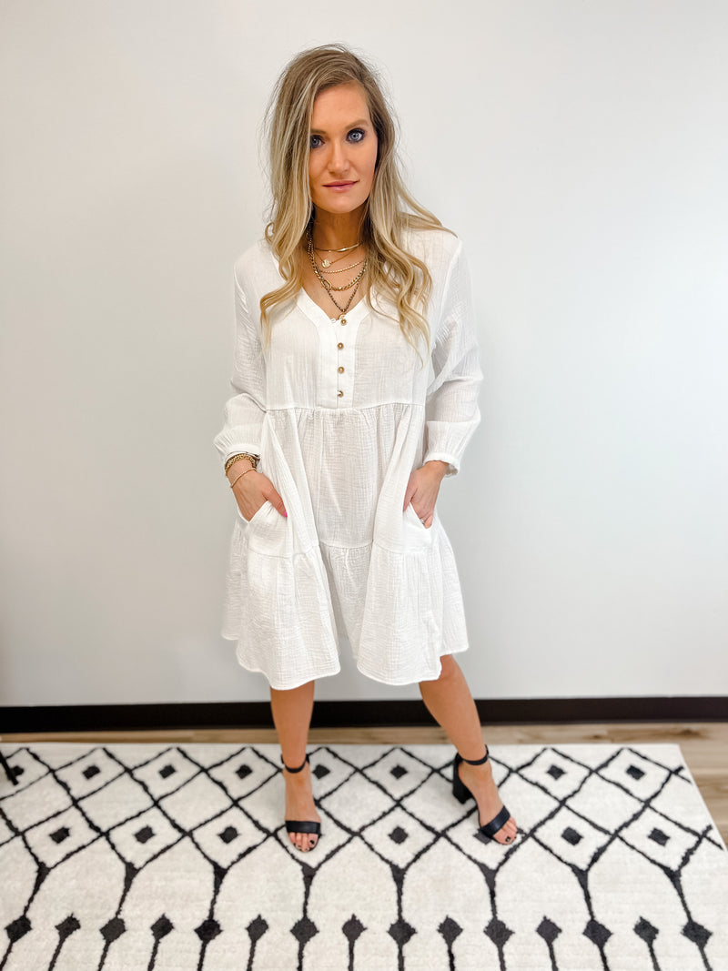Long Sleeve White Linen Dress with Flowy Bottom 