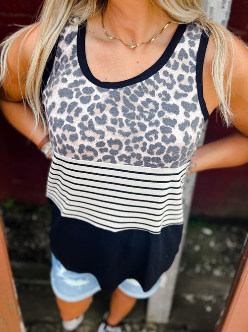 Printed and Striped Colorblock Tank Top