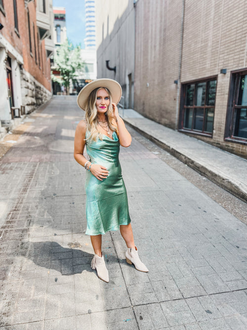 Form Fitted Satin Midi Dress with Elastic Straps and open back,  color shown in sage.